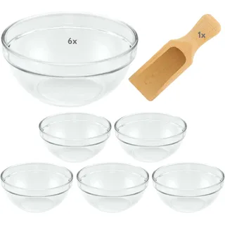 Viva Haushaltswaren - 6 x kleine Schüssel aus Glas (Ø 9 cm), als Glasschälchen sowie als Dipschale, Dessertschale, Tapasschale geeignet (inkl. kleiner Holzschaufel 7,5 cm)