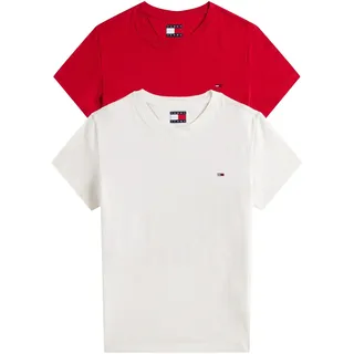 Tommy Hilfiger Tommy Jeans Damen 2er Pack T-Shirts Kurzarm mit Rundhalsausschnitt, Mehrfarbig (Ecru/Sapphire Red), XS