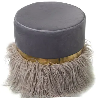 DRW Runder Sitzsack aus Velours, grau mit Fransen und Metallreifen in Gold, 35 x 35 cm