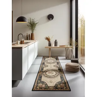 Nouristan Teppich Orientalisch – Läufer Orient Klassisch Orientalischer Wohnzimmerteppich dicht gewebt mit Blumen Flachgewebe für Wohnzimmer, Schlafzimmer, Esszimmer, Flur – Schwarz Creme, 80x240cm