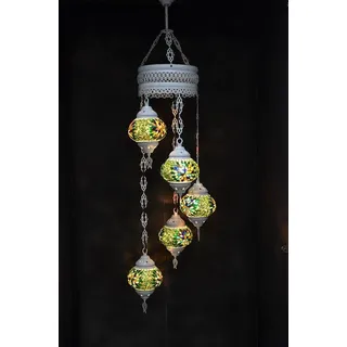 Hanglampe mit 5 bunten Pastell-Mosaik-Kugeln aus grünem Glas, marokkanische Deckenleuchte, 120 cm lang - Beige