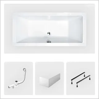 Rechteckige Badewanne - 175 x 80 cm - mit Frontschürze - Füße - Chromablauf - QUADRO