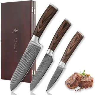 Wakoli EDIB 3-teiliges Küchenmesser Set aus echtem Damaststahl (VG10 Kern) in Geschenkbox aus Holz – Scharf & ergonomisch – Damastmesser Set mit Pakkaholzgriffen