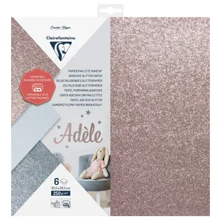 Clairefontaine 95735C - Packung mit 6 Blatt Schneidepapier 250g, selbstklebendes Glitterpapier, 30,5x30,5cm, ideal für kreative Projekte, farbig sortiert, 1 Pack
