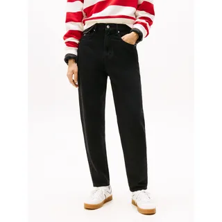 Mom-Jeans TOMMY JEANS "High waist - Mom-Jeans Tapered", Damen, Gr. 30, Länge 32, schwarz (denim schwarz), Denim/Jeans, Obermaterial: 99% Baumwolle, 1% Elasthan, unifarben, gerade, unten schmal, Jeans Mom-Jeans, mit Logo-Badge, Logostickerei