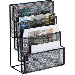 Relaxdays Zeitschriftenhalter Metall, 4 Fächer, Dokumentenablage Büro, HBT: 43x33x18 cm, Magazinhalter, Briefe, schwarz