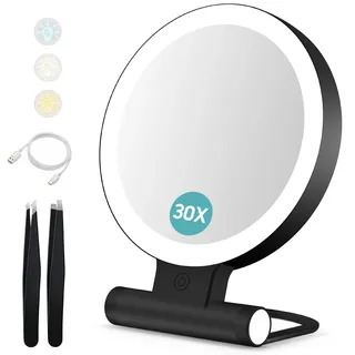 B Beauty Planet Kosmetikspiegel mit Beleuchtung, 30 fache/1-fach Doppelseitige Tischspiegel,3 Farblichter, DimmbarerSchminkspiegel,Reisen Kosmetik Spiegel mit Beleuchtung