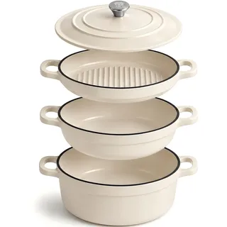 AHJ Gusseisen Topfset Emailliert, 4-teilig Dutch Oven,Induktion, 25cm,Weiß
