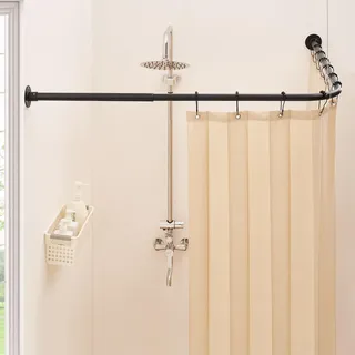 Mirooyu Duschvorhangstange L form [60-132 cm] x [60-132 cm] Robuste Eckduschstange 90° Grad Duschstange Verstellbar für Badewanne, Dusche & Außenbereich mit 12 Haken & Deckenstütze
