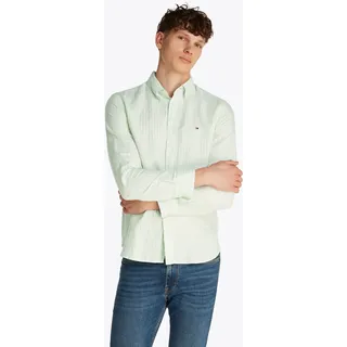Langarmhemd TOMMY HILFIGER "LINEN BLEND BOLD STRIPE", Herren, Gr. XL, N-Gr, grün (opal grün, stripe), Web, Obermaterial: 57% Baumwolle, 43% Leinen, Manschette, Hemden Langarmhemd, mit feinen Streifen