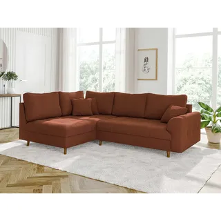 Kai - Ecksofa mit Braun Holzfüßen im skandinavischen Stil aus Terrakotta Cord-Stoff, Ottomane Links - Orange
