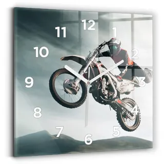 Wallfluent Wanduhr – Stilles Quarzuhrwerk - Uhr Dekoration Wohnzimmer Schlafzimmer Küche - Zifferblatt - weiße Zeiger - 30x30 cm - Motorrad im Adrenalin-Stil - Grau