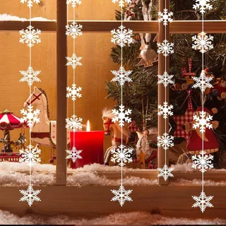 Schneeflocken Girlande Weihnachten Deko Winterdeko Hängend, 6 x 2 Meter Perlglanz Schneeflocken, Fenster-, Decken- & Weihnachtsbaum Dekoration, Weiße Winterdeko für Zuhause & Feiern