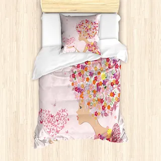 ABAKUHAUS Rosa Mantele, Blumen Mädchen Schmetterlinge, Milbensicher Allergiker geeignet mit Kissenbezügen, 135 cm x 200 cm - 80 x 80 cm, Mehrfarbig
