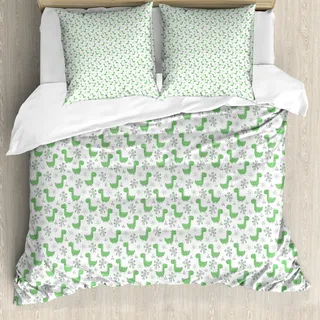 ABAKUHAUS Dino Bettbezug Set, Kontinuierliche Dinosaurier-Cartoon Palmen Sun Motive, 200 x 200 cm + 80 x 80 cm, Fern Green Jägergrün - Grün