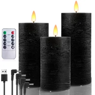 AnnSpa 3 Set Led Kerzen Aufladbar mit 10-Tasten Fernbedienung, Wiederaufladbare Kerzen Flammenlose Echtes Wachs Flackern Wick Yellow Light Pillar Candles mit Timerfunction für Weihnachten - Schwarz