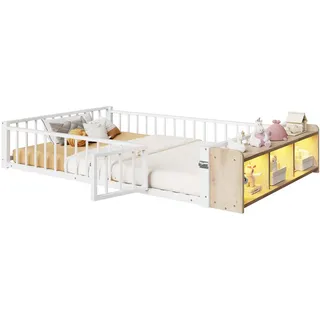 Stilvora Metallbett 140/200 cm in Weiß Kinderbett mit Schutzgeländer, offenem Staufach und LED im klaren Design , Metall , 3 Fächer , 140x200 cm , Schlafzimmer, Betten, Metallbetten