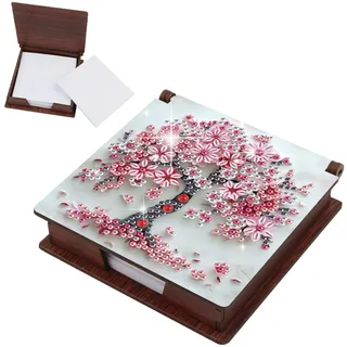 DCIDBEI Diamond Painting Haftnotizen Spender Notizen Halter holder 11x11cm mit Zettelblock 160 Blatt Schreibtisch-Notizblätter Büroklammern und Aktenordner Aufbewahrungsbox Zettelbox Kirschblütenbaum