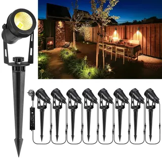 Greenclick Gartenstrahler LED, 27m 8er Gartenbeleuchtung mit Strom Erdspieß, 12V 3W 2400lm Gartenleuchte, IP65 Wasserdicht Warmweiß Gartenlampe für Außen Garten Rasen Weg Teich Yard Zaun