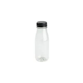 Greenbox rPET Smoothie Flasche, bruchfest & klar, 250 ml, Transparente Abfüllflasche für kalte und warme Getränke, 1 Karton = 260 Stück, Deckelfarbe: schwarz