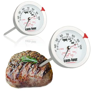 com-four® 2x Bratenthermometer - 2-Zonen Fleischthermometer mit Garpunkt-Kontrollanzeige - analoges Grill- und Ofenthermometer - Fleischnadel aus Edelstahl (2 Stück - 2 Zonen)