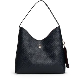 Schultertasche TOMMY HILFIGER "TH ICON SHOULDER BAG MONO", Damen, Gr. B/H/T: 27,5cm x 26cm x 11,5cm, dunkelblau, Lederimitat, Taschen Schultertasche, Damen Tragetasche, Shopper mit TH-Label