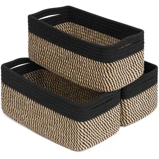 TIMEYARD Aufbewahrungskörbe, Regalkörbe zum Organisieren Hundespielzeug Korb, gewebter Korb für Aufbewahrungswürfel dekorative Box 3er Pack, Schwarz & Jute, 33 x 20 x 13 cm