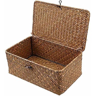 Aufbewahrungskorb, Seagrass Weidenkorb mit Deckel für Aufbewahrungskörbe, aus Rattan, geflochten, aus Manograss, mit Deckel für Aufbewahrungskörbe (groß 29 x 19 x 12 cm)