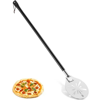 Joyfair Pizzaschieber Perforierter, 17,8cm Edelstahl Rund Metall Pizzaschaufel, Pizzawender mit 89,2cm Abnehmbaren Langer Griff, Pizzaheber für Hausgemachtes Pizza, Brot, Kuchen, Leicht zu Reinigen