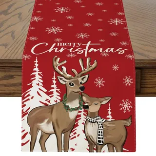 JOTOM Weihnachten Tischläufer, Hirsch Tischläufer Küche Esstisch Dekoration für Party Wohnzimmer Esszimmer Garten, Innen & Außen Weihnachtstischdecke Weihnachtsdeko (40 x 140 cm, Rot)
