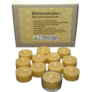 12 Teelichter aus 100% Bienenwachs und 1 Glashalter