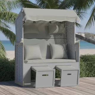 The Living Store Strandkorb mit Kissen Poly Rattan und Massivholz Grau - Grau