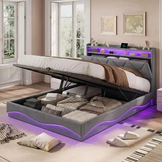 Bett 160x200cm Samt Grau, Hydraulischer Stauraum, LED RGB, USB/Type-C, Kopfteil mit Regal - Grau