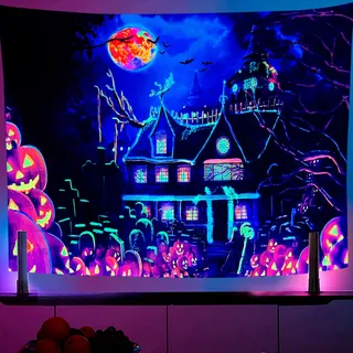 OSVINO Schwarzlicht Schloss Wandteppich 130X150CM Kürbisse Fledermäuse Mond Psychedelischer Tapisserie Halloween Ostern Neon Wandteppich für Schlafzimmer Wohnzimmer Hippie-Zimmer Dekor