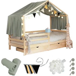 HOME DELUXE - Kinderbett Deko Set VELINDO - Farbe: Khaki, inkl. Wimpelkette, Vorhang und LED Lichterkette I Kinderbett Deko, Kinderzimmer Dekoration - Olive