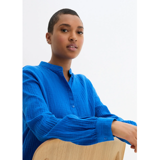 Langarmbluse BONPRIX "Musselin-Longbluse aus Baumwolle", Damen, Gr. 42, blau (azurblau), Obermaterial: 100% Baumwolle, oversize, Blusen Langarmbluse, Oversize-Passform, mit Seitenschlitzen, aus Musselin