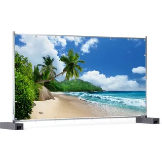 Wallario XXL Outdoor-Poster für Garten oder Balkon, Motiv Urlaub auf den Seychellen unter Palmen am Sandstrand, in ca. 340 x 173 cm - Blau