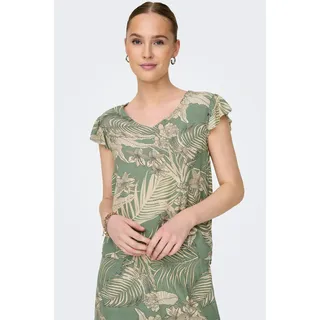 V-Shirt ONLY "ONLPALINA LIFE SS V-NECK TOP PTM", Damen, Gr. M (38), grün (hedge grün aop:lovely palm), Single Jersey, Obermaterial: 100% Viskose, gemustert, regular fit, V-Ausschnitt, Shirts V-Shirt