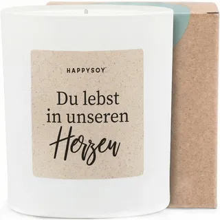 Du lebst in unseren Herzen - Duftkerze mit Spruch als Trostgeschenk, liebevolle Erinnerung, Trauerkerze im Glas, blumiger Duft, besondere Aufmerksamkeit
