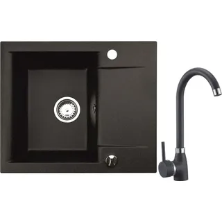 Manestein Granitspüle mit Armatur Küchenspüle schwarz spülbecken 59x44 Einbauspüle Zubehör