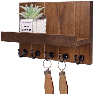 Kldgris Schlüsselbrett Holz mit Ablage, Schlüsselhalter mit 5 Schlüsselhaken, Dekoratives Holz Wandregal, für Eingangsbereich, Haustür, Flur, Schlafzimmer, Braun