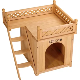 CADOCA® Tierhaus FSC®-zertifiziert Kiefer 65x55x54cm 2-stöckig Treppe Sonnenterrasse Katzenhaus Katzenhütte Hundehütte Katzenvilla Lodge Balkon - Braun