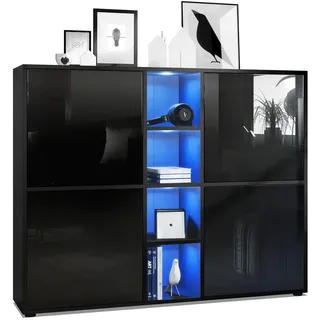 Vladon Highboard Cuba Türen in Schwarz Hochglanz , Holzwerkstoff , 130.5x105.5x35.5 cm , Kleinmöbel, Kommoden, Highboards