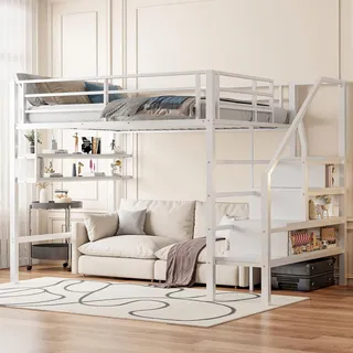 Hochbett 140x200 cm mit Stauraumleiter & Einlegeböden – Metallbett in Weiß, Geländer, Freiraum unter Bett, 255x145x160 cm, für Jugendzimmer & Studenten - Weiß