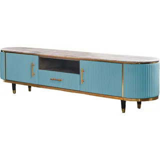 KAWOLA Lowboard MARIA TV-Bank Marmorplatte Kunstleder hellblau - Hellblau