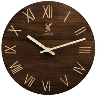 Holzwerk Retro Natur Wanduhr Holz-Uhr Rustikal Vintage lautloses Uhrwerk ohne Tickgeräusche Braun lautlos Massivholz Natur Holz Hirsch Motiv Römische Ziffern 25 cm (Römisch.Braun)