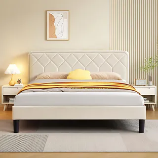 VECELO Doppelbett, gepolstert, 140 x 190 cm, Plattformrost, Lattenrost aus robustem Holz, kein Boxspringbett erforderlich, Velours-Stoff, einfach zu montieren, Beige