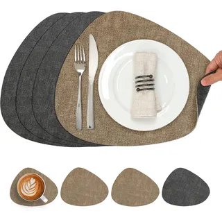 Chitomars Tischsets Kunstleder und Untersetzer, Tischsets Abwaschbar Doppelseitigen rutschfest Platzsets Rund Lederoptik Platzdeckchen Teller Untersetzer (4er Set, Grau Beige)