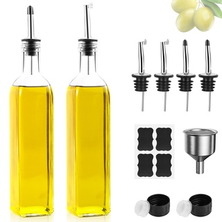 Ölflasche, 2 x 500 ml Essig und Ölspender, Olivenölflasche mit Trichter, Anlaufgeschütztem Deckel, Etikett, Glasflasche für Küche und BBQ