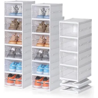 ELUCHANG Schuhboxen Stapelbar Transparent, Installationsfrei 12er Pack Schuhbox, Faltbar Schuhaufbewahrung mit Tür für Schrank Wand Turnschuhe Stöckelschuhe, bis Größe 45,weiß